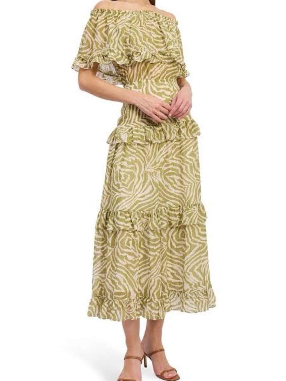 En Saison Skylar Off-Shoulder Ruffle Tiered Maxi Dress in Green Zebra Print
